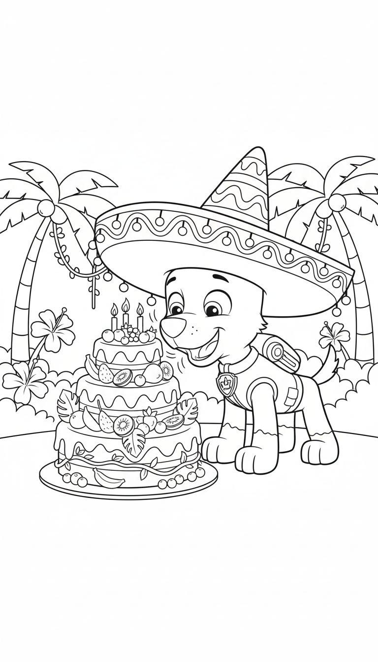 Schwarz-weiß Ausmalbild eines lächelnden, Rubble-ähnlichen Hundes (Tracker) mit Sombrero, der vor einer dreistöckigen Geburtstagstorte mit Obst und drei Kerzen sitzt. Im Hintergrund sind Palmen, tropische Blumen und eine Girlande zu sehen.