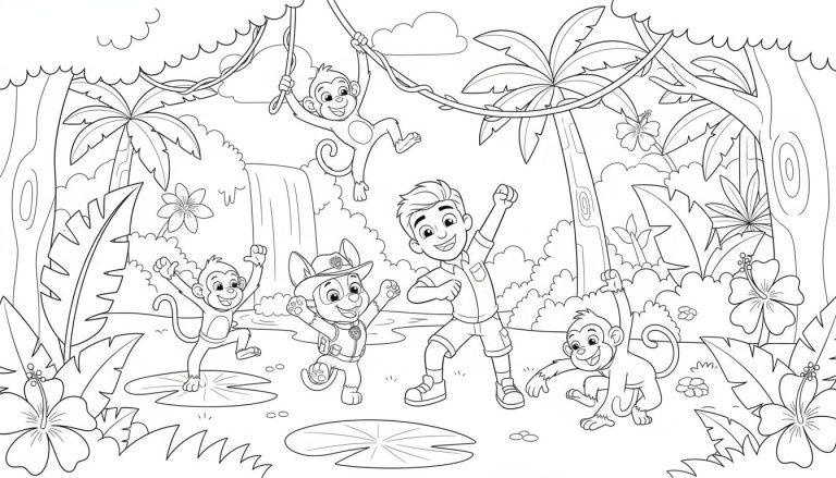 Schwarz-weißes Ausmalbild von Ryder und Chase im Dschungel mit drei lachenden Affen. Ryder hat die Arme oben, Chase steht in Uniform auf den Hinterpfoten. Palmen, große Blätter, Hibiskusblüten und ein Wasserfall im Hintergrund.