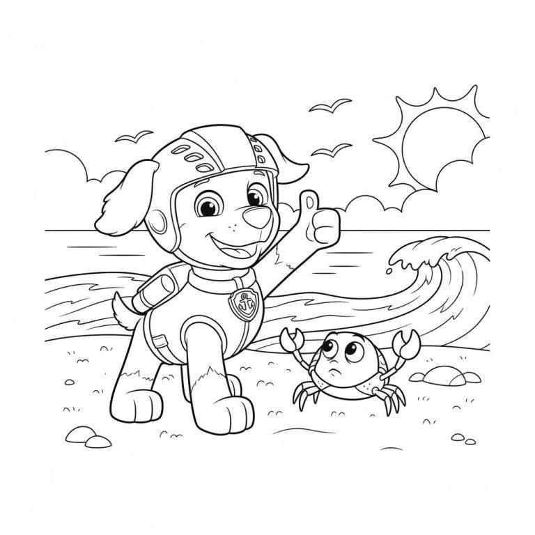 Schwarz-weiß Ausmalbild eines lachenden Hundes (ähnlich Zuma) mit Helm und Rettungsweste, der am sonnigen Strand ein "Daumen hoch" macht, neben einer überraschten Krabbe. Im Hintergrund Meer und Vögel.