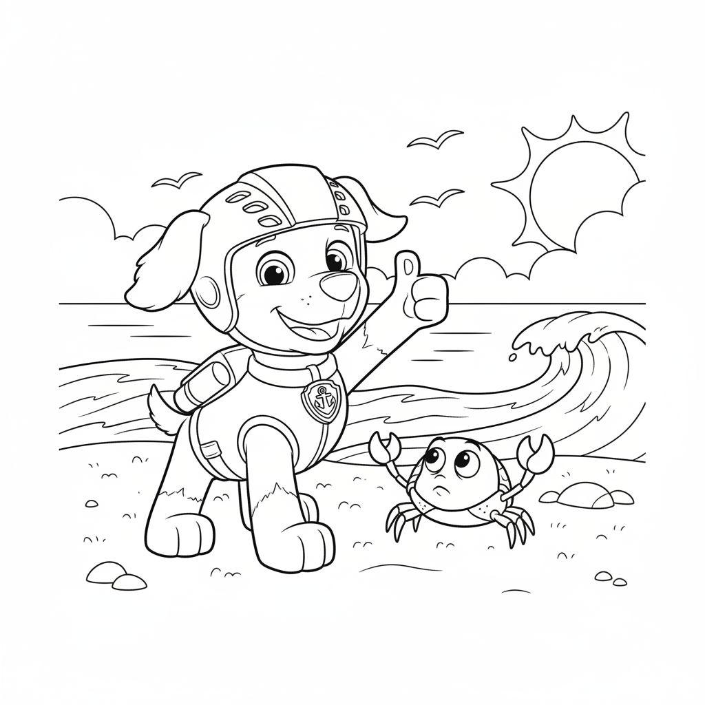 Schwarz-weiß Ausmalbild eines lachenden Hundes (ähnlich Zuma) mit Helm und Rettungsweste, der am sonnigen Strand ein "Daumen hoch" macht, neben einer überraschten Krabbe. Im Hintergrund Meer und Vögel.