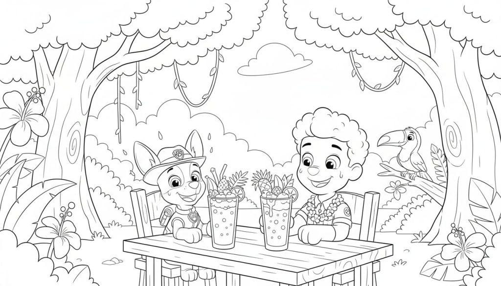 Schwarz-Weiß-Malvorlage von Paw Patrol: Chase und Ryder sitzen lachend an einem Tisch in einem tropischen Dschungel, umgeben von exotischen Pflanzen und einem Tukan, genießen fruchtige Getränke.