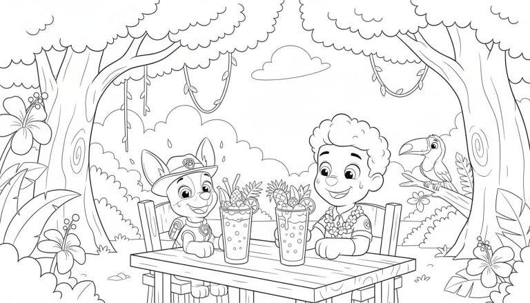 Schwarz-Weiß-Malvorlage von Paw Patrol: Chase und Ryder sitzen lachend an einem Tisch in einem tropischen Dschungel, umgeben von exotischen Pflanzen und einem Tukan, genießen fruchtige Getränke.