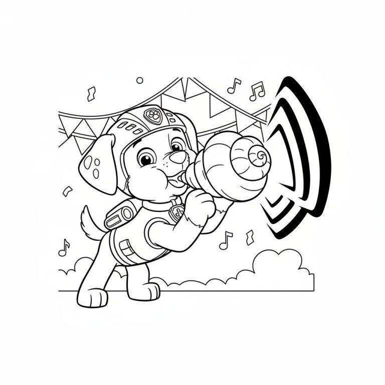 Ausmalbild: Zuma von Paw Patrol mit Megafon, Helm und Uniform, umgeben von Musiknoten und Schallwellen unter einer festlichen Wimpelkette.