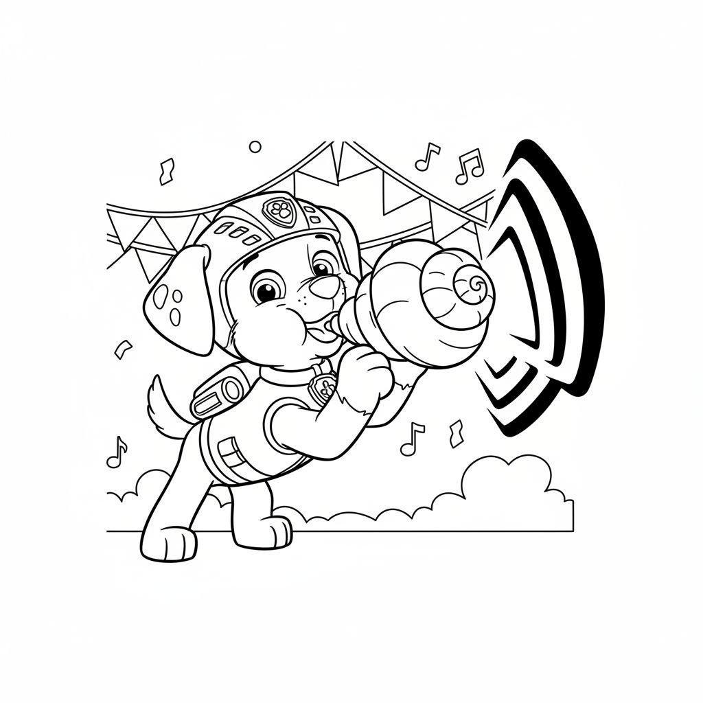 Ausmalbild: Zuma von Paw Patrol mit Megafon, Helm und Uniform, umgeben von Musiknoten und Schallwellen unter einer festlichen Wimpelkette.