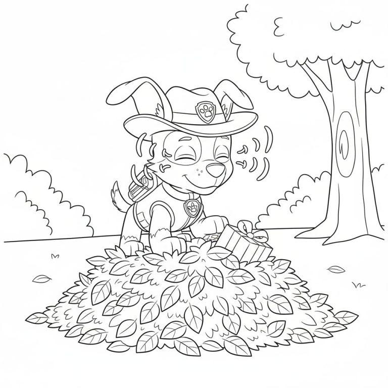 Fröhlicher Welpe 'Tracker' mit Cowboyhut und Geschenk, sitzend in einem großen Haufen Herbstblätter, mit geschlossenen Augen und lächelnd.