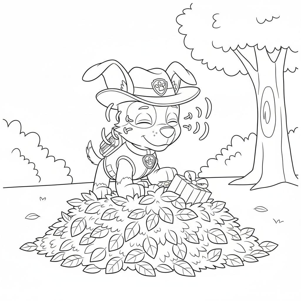 Fröhlicher Welpe 'Tracker' mit Cowboyhut und Geschenk, sitzend in einem großen Haufen Herbstblätter, mit geschlossenen Augen und lächelnd.