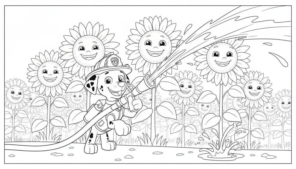Marshall von Paw Patrol bewässert mit einem Feuerwehrschlauch lachende Sonnenblumen.