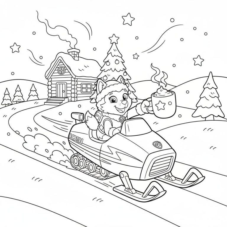 Everest von Paw Patrol lachend auf einem Schneemobil in einer verschneiten Winterlandschaft mit Holzhaus, Tannenbäumen und Sternen am Himmel.