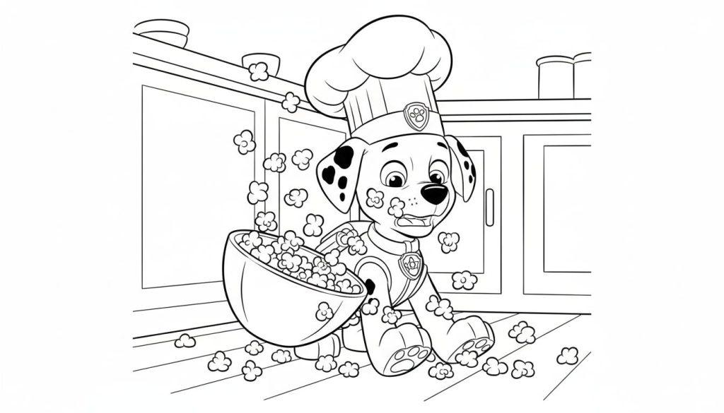Marshall von Paw Patrol als Koch mit Chefmütze sitzt überrascht inmitten eines Popcorn-Chaos in einer Küche, Popcorn ist überall verstreut.