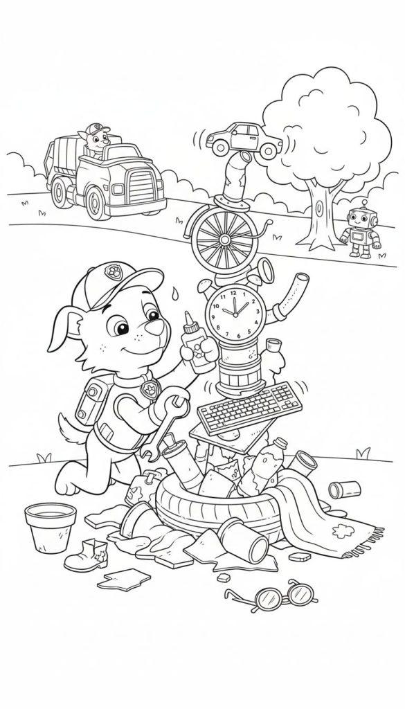 Schwarz-weiß Malvorlage eines Paw Patrol Hundes (Rocky) mit Schraubenschlüssel inmitten von Recycling-Müll und Werkzeugen, einem Müllwagen, Roboter und Baum in einer geschäftigen Werkstattszene.
