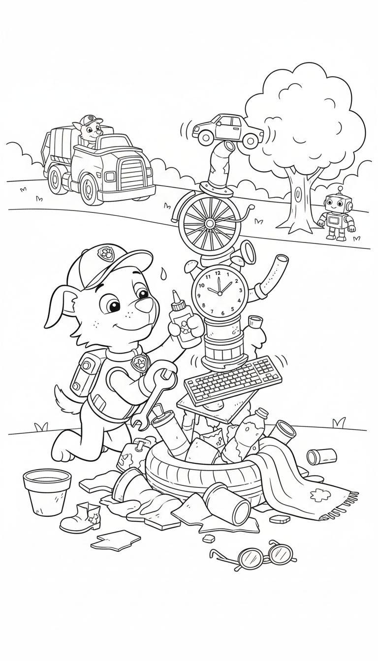 Schwarz-weiß Malvorlage eines Paw Patrol Hundes (Rocky) mit Schraubenschlüssel inmitten von Recycling-Müll und Werkzeugen, einem Müllwagen, Roboter und Baum in einer geschäftigen Werkstattszene.