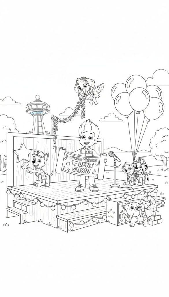 Paw Patrol Ausmalseite: Ryder, Chase und Skye dekorieren eine Bühne für die 'Adventure Day Talent Show', umgeben von Marshall, Rubble und anderen Pups.