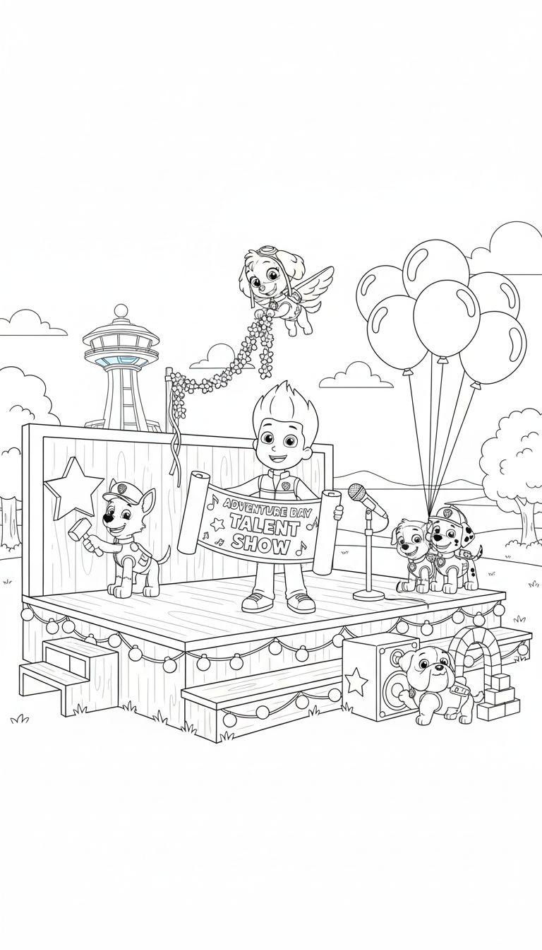 Paw Patrol Ausmalseite: Ryder, Chase und Skye dekorieren eine Bühne für die 'Adventure Day Talent Show', umgeben von Marshall, Rubble und anderen Pups.