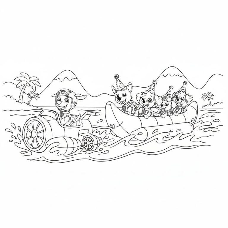 Ausmalbild: Zuma von Paw Patrol in einem Jetski und vier weitere Welpen in einem Schlauchboot auf dem Wasser, mit Bergen und Palmen im Hintergrund.
