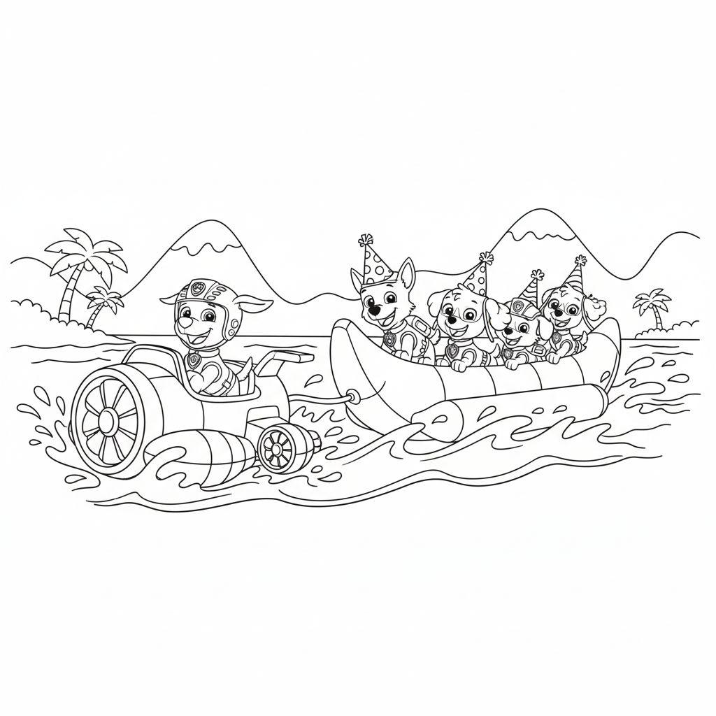 Ausmalbild: Zuma von Paw Patrol in einem Jetski und vier weitere Welpen in einem Schlauchboot auf dem Wasser, mit Bergen und Palmen im Hintergrund.