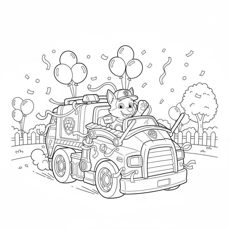 Ausmalbild von Chase aus Paw Patrol, der fröhlich in seinem festlich geschmückten Polizeiauto winkt, umgeben von Ballons, Konfetti und einem Baum im Hintergrund.