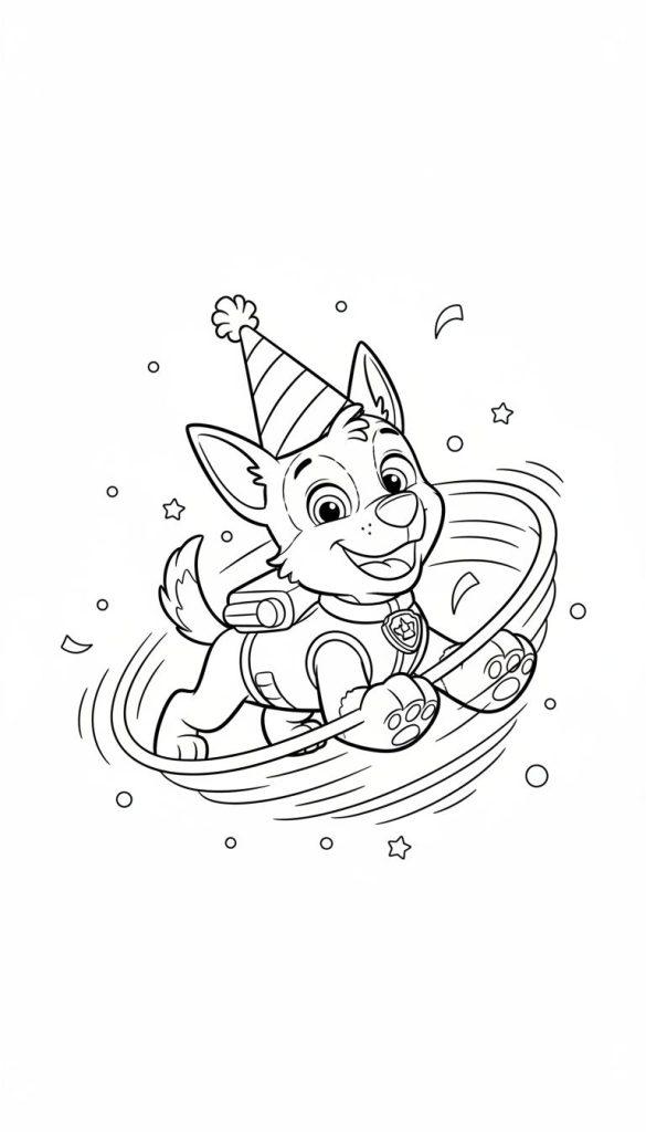 Ausmalbild: Fröhlicher Cartoon-Hund (ähnlich Chase von Paw Patrol) mit gestreiftem Partyhut, lächelnd, umgeben von wirbelnden Linien und festlichen Formen.