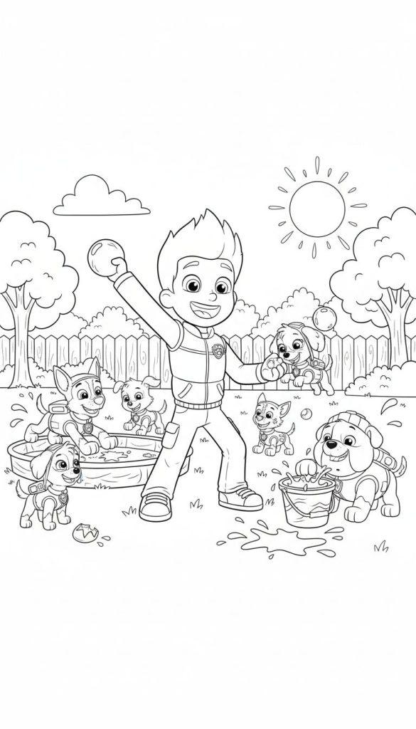 Paw Patrol Ausmalbild: Ryder und Pups spielen im Garten mit Wasser, Planschbecken und Eimern unter der Sonne.