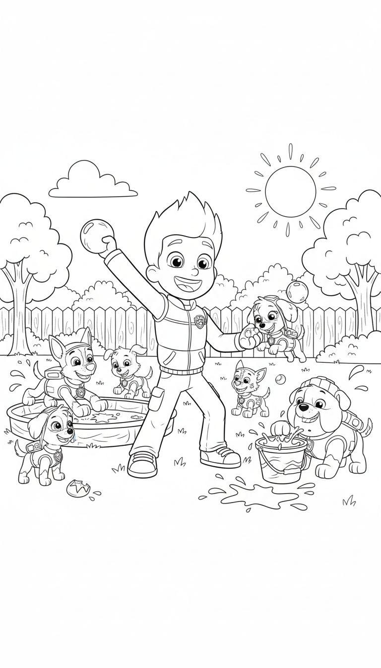 Paw Patrol Ausmalbild: Ryder und Pups spielen im Garten mit Wasser, Planschbecken und Eimern unter der Sonne.