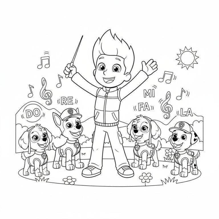 Ausmalbild: Ryder von Paw Patrol dirigiert fünf lächelnde Welpen inmitten von Musiknoten im Freien, mit Gras, Hügeln und Sonne im Hintergrund.