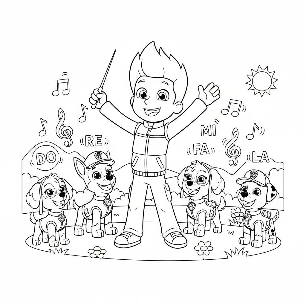 Ausmalbild: Ryder von Paw Patrol dirigiert fünf lächelnde Welpen inmitten von Musiknoten im Freien, mit Gras, Hügeln und Sonne im Hintergrund.