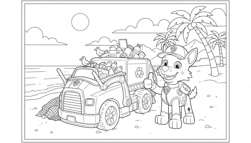 Rocky von Paw Patrol mit Recyclingtruck am Strand, der Müll aus dem Meer sammelt. Er zeigt den Daumen hoch, mit Möwen, Palmen und Bergen im Hintergrund. Ein Zeichen für Umweltschutz.
