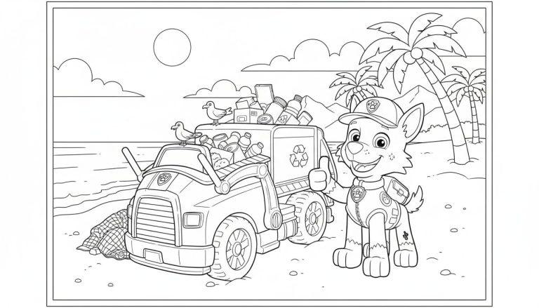 Rocky von Paw Patrol mit Recyclingtruck am Strand, der Müll aus dem Meer sammelt. Er zeigt den Daumen hoch, mit Möwen, Palmen und Bergen im Hintergrund. Ein Zeichen für Umweltschutz.