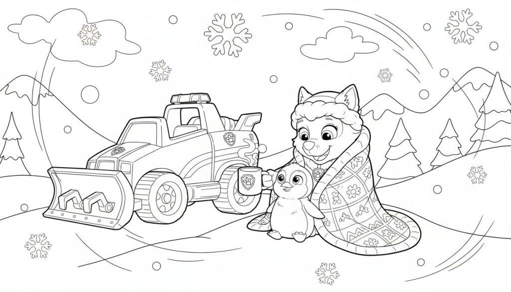 Ausmalbild: Everest (Paw Patrol) mit Pinguin und Schneepflug-Truck in verschneiter Berglandschaft.
