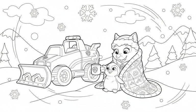 Ausmalbild: Everest (Paw Patrol) mit Pinguin und Schneepflug-Truck in verschneiter Berglandschaft.
