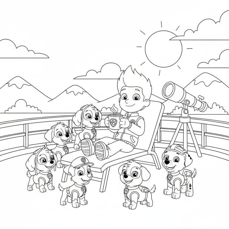 Ausmalbild: Ryder und sechs Paw Patrol Welpen entspannen auf einem Balkon mit Bergblick und Teleskop. Ryder sitzt im Liegestuhl, ein Welpe neben ihm, die anderen fünf am Boden. Alle sind glücklich.