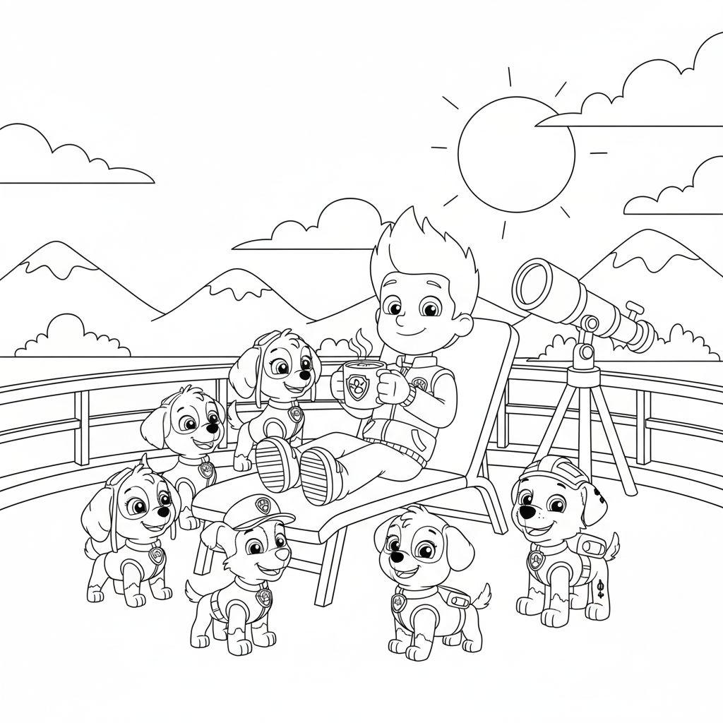 Ausmalbild: Ryder und sechs Paw Patrol Welpen entspannen auf einem Balkon mit Bergblick und Teleskop. Ryder sitzt im Liegestuhl, ein Welpe neben ihm, die anderen fünf am Boden. Alle sind glücklich.