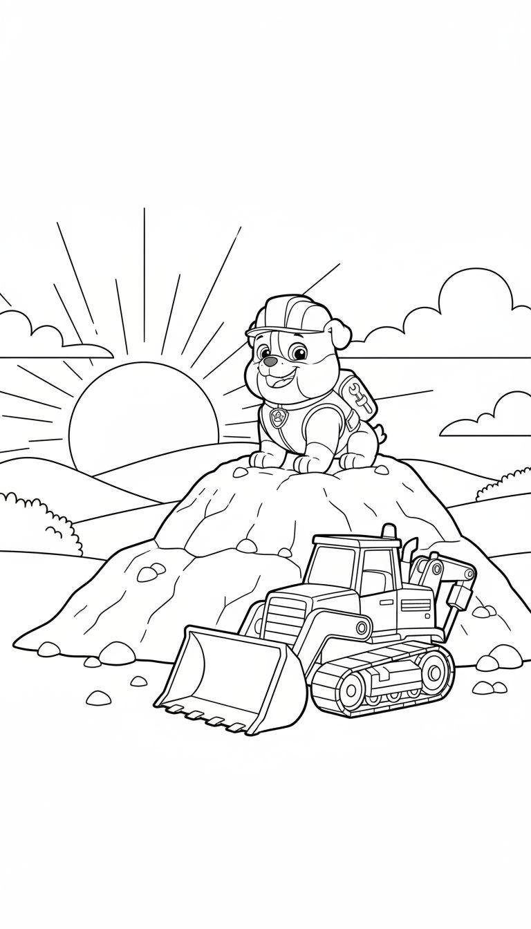 Ausmalbild von Rubble aus Paw Patrol auf einer Baustelle, lachend auf einem Steinhaufen, mit Bauhelm und einem Bagger im Vordergrund vor einer hügeligen Landschaft mit Sonne.