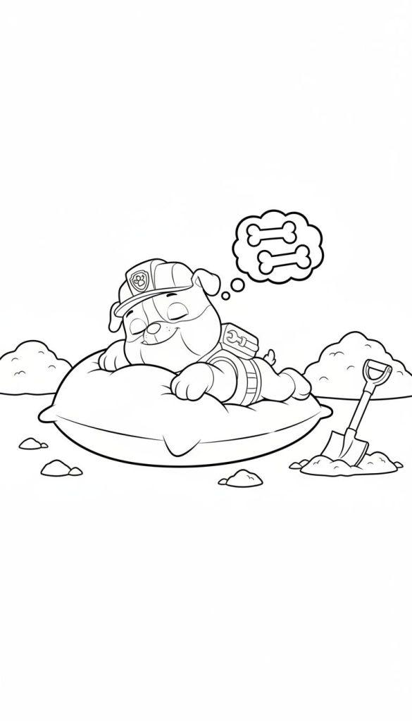 Schwarz-Weiß-Malvorlage von Rubble aus Paw Patrol, der mit Bauhelm und Ausrüstung auf einem Kissen schläft und von Knochen träumt; umgeben von Erdhügeln und einer Schaufel.