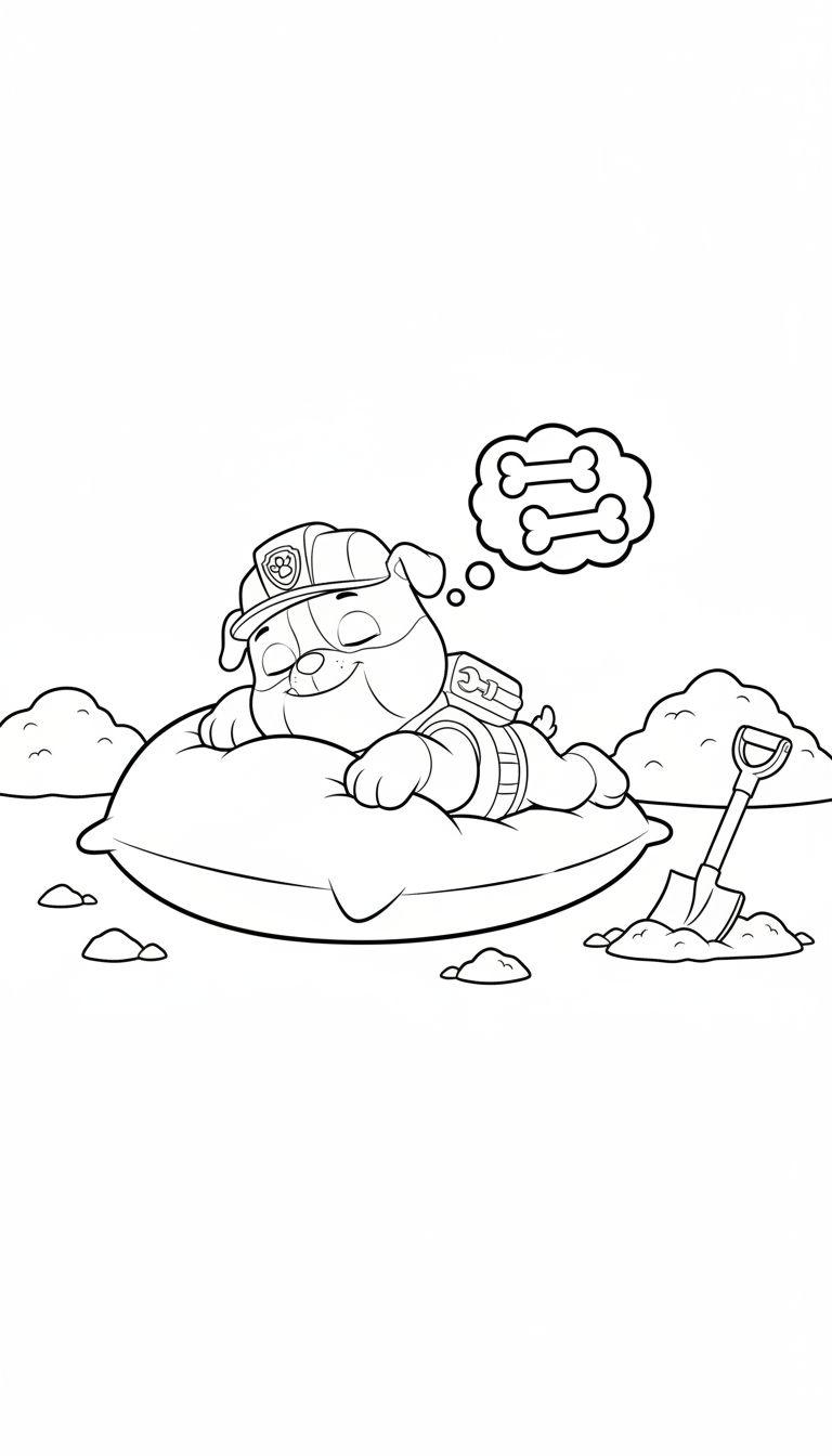 Schwarz-Weiß-Malvorlage von Rubble aus Paw Patrol, der mit Bauhelm und Ausrüstung auf einem Kissen schläft und von Knochen träumt; umgeben von Erdhügeln und einer Schaufel.