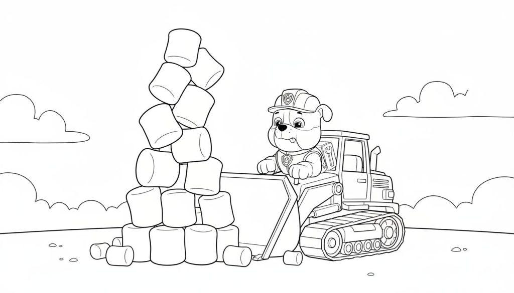 Ein freundlicher Cartoonhund mit Bauhelm steuert einen Bagger mit Raupen, der vor einem riesigen Turm aus Marshmallows steht.