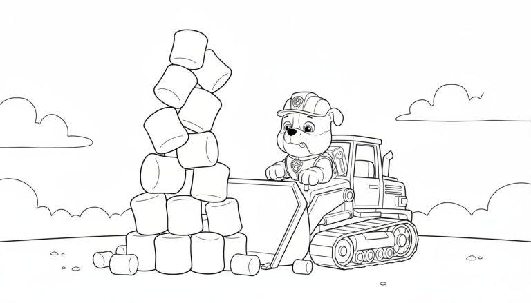 Ein freundlicher Cartoonhund mit Bauhelm steuert einen Bagger mit Raupen, der vor einem riesigen Turm aus Marshmallows steht.