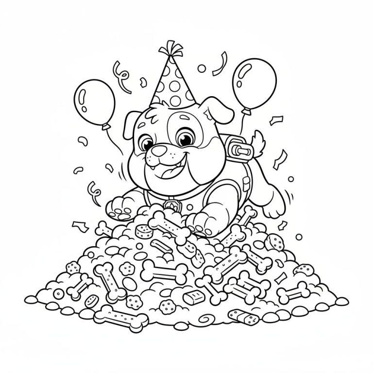 Schwarz-weißes Ausmalbild von Rubble, einem lächelnden Hund mit Partyhut, der auf einem Berg aus Hundenknochen und Leckerlis liegt, umgeben von Ballons und Konfetti.