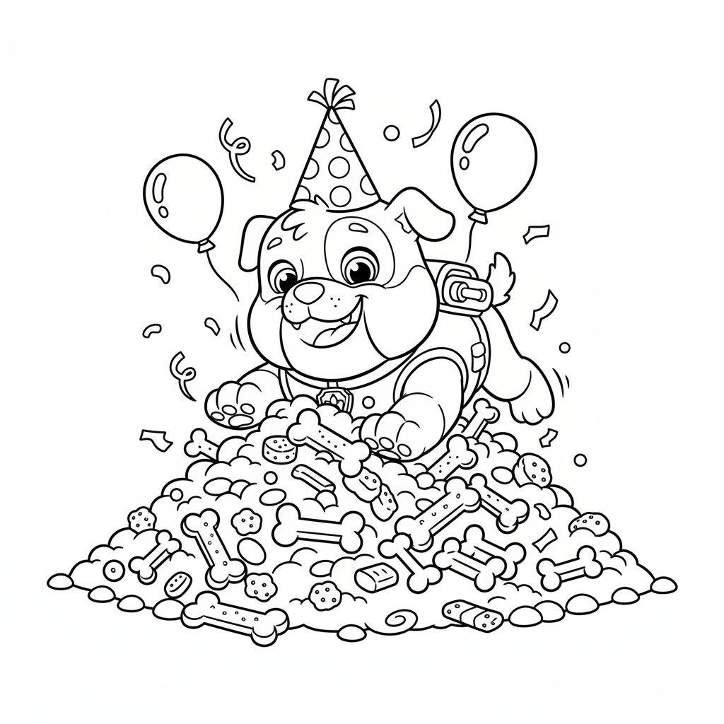 Schwarz-weißes Ausmalbild von Rubble, einem lächelnden Hund mit Partyhut, der auf einem Berg aus Hundenknochen und Leckerlis liegt, umgeben von Ballons und Konfetti.