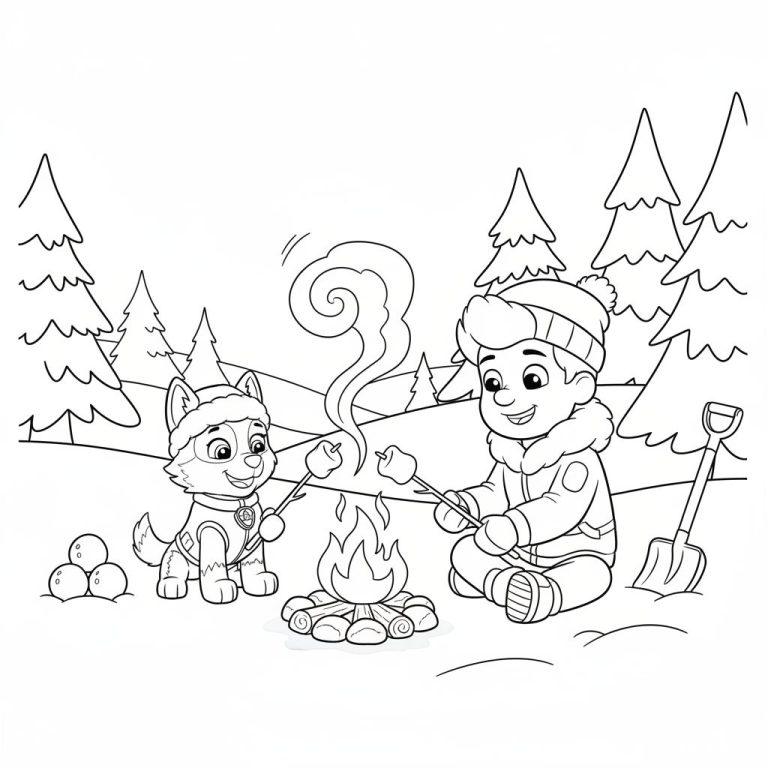 Schwarz-Weiß-Ausmalbild: Ein Junge und ein Husky (Everest) sitzen vor einem Lagerfeuer im Schnee und rösten Marshmallows. Im Hintergrund sind verschneite Tannenbäume zu sehen, und im Vordergrund liegen Schneebälle und eine Schaufel.
