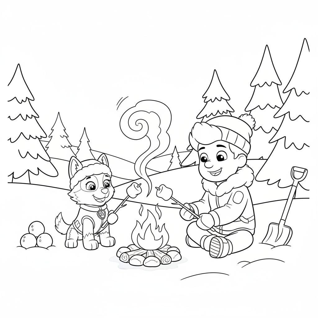 Schwarz-Weiß-Ausmalbild: Ein Junge und ein Husky (Everest) sitzen vor einem Lagerfeuer im Schnee und rösten Marshmallows. Im Hintergrund sind verschneite Tannenbäume zu sehen, und im Vordergrund liegen Schneebälle und eine Schaufel.