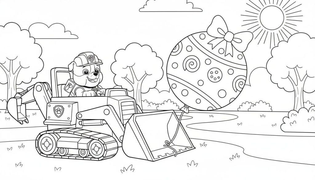 Rubble von Paw Patrol fährt einen Bagger und transportiert einen großen, ostereiförmigen Ballon mit Mustern und einer Schleife in einer Outdoor-Landschaft unter Sonne und Wolken. Ein Ausmalbild.