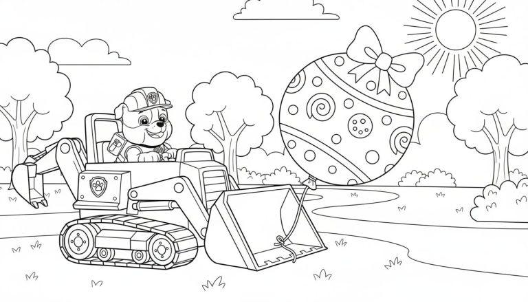 Rubble von Paw Patrol fährt einen Bagger und transportiert einen großen, ostereiförmigen Ballon mit Mustern und einer Schleife in einer Outdoor-Landschaft unter Sonne und Wolken. Ein Ausmalbild.