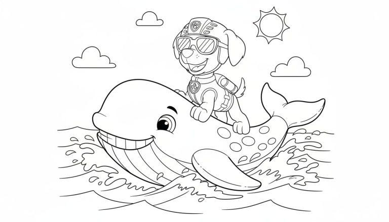 Zuma von Paw Patrol reitet mit Helm und Rettungsweste auf einem lachenden Wal durch das Wasser. Sonne und Wolken sind im Hintergrund.