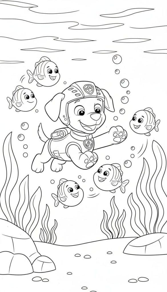 Ausmalbild: Fröhlicher Zuma von Paw Patrol mit Tauchausrüstung schwimmt unter Wasser, umgeben von lachenden Fischen.