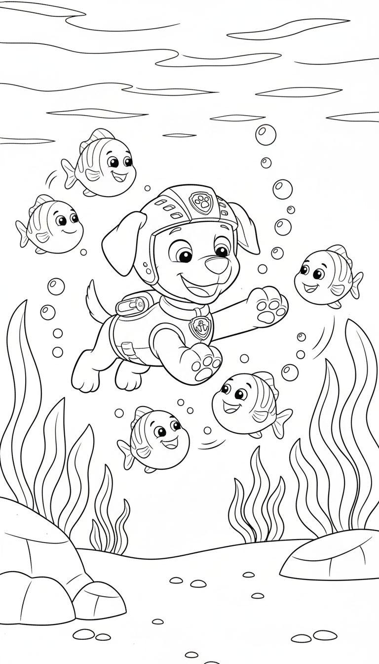 Ausmalbild: Fröhlicher Zuma von Paw Patrol mit Tauchausrüstung schwimmt unter Wasser, umgeben von lachenden Fischen.