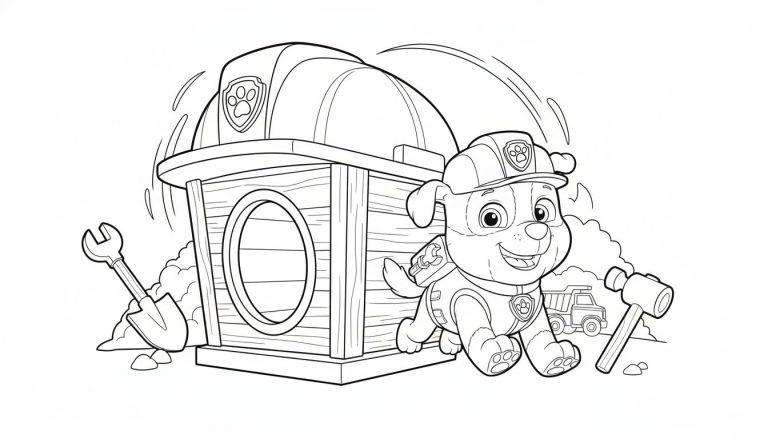 Schwarz-weiß Malvorlage: Ein fröhlicher Hund mit gelbem Bauhelm und Werkzeugweste steht vor einem kleinen hölzernen Haus mit runder Öffnung und einem großen, helmähnlichen Kuppeldach. Umgeben von Baustellenwerkzeugen wie einer Schaufel, einem Schraubenschlüssel, einem Hammer und einem Kipplaster im Hintergrund.