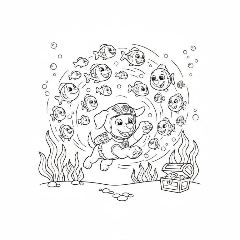 Zuma von Paw Patrol in Tauchausrüstung schwimmt lachend unter Wasser, umgeben von fröhlichen Fischen, Seegras und einer sprudelnden Schatzkiste; schwarz-weiße Linienzeichnung zum Ausmalen.