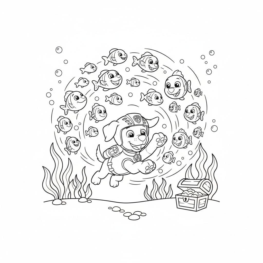 Zuma von Paw Patrol in Tauchausrüstung schwimmt lachend unter Wasser, umgeben von fröhlichen Fischen, Seegras und einer sprudelnden Schatzkiste; schwarz-weiße Linienzeichnung zum Ausmalen.