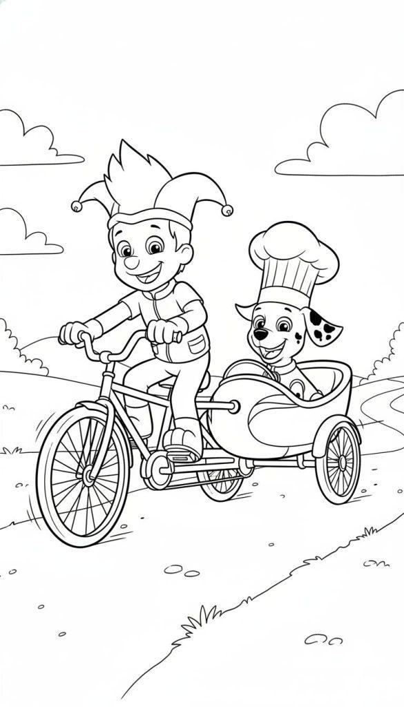 Ausmalbild: Ryder von Paw Patrol auf einem Fahrrad mit Marshall, dem Dalmatiner, im Seitenwagen, beide lächeln, auf einem kurvenreichen Weg.