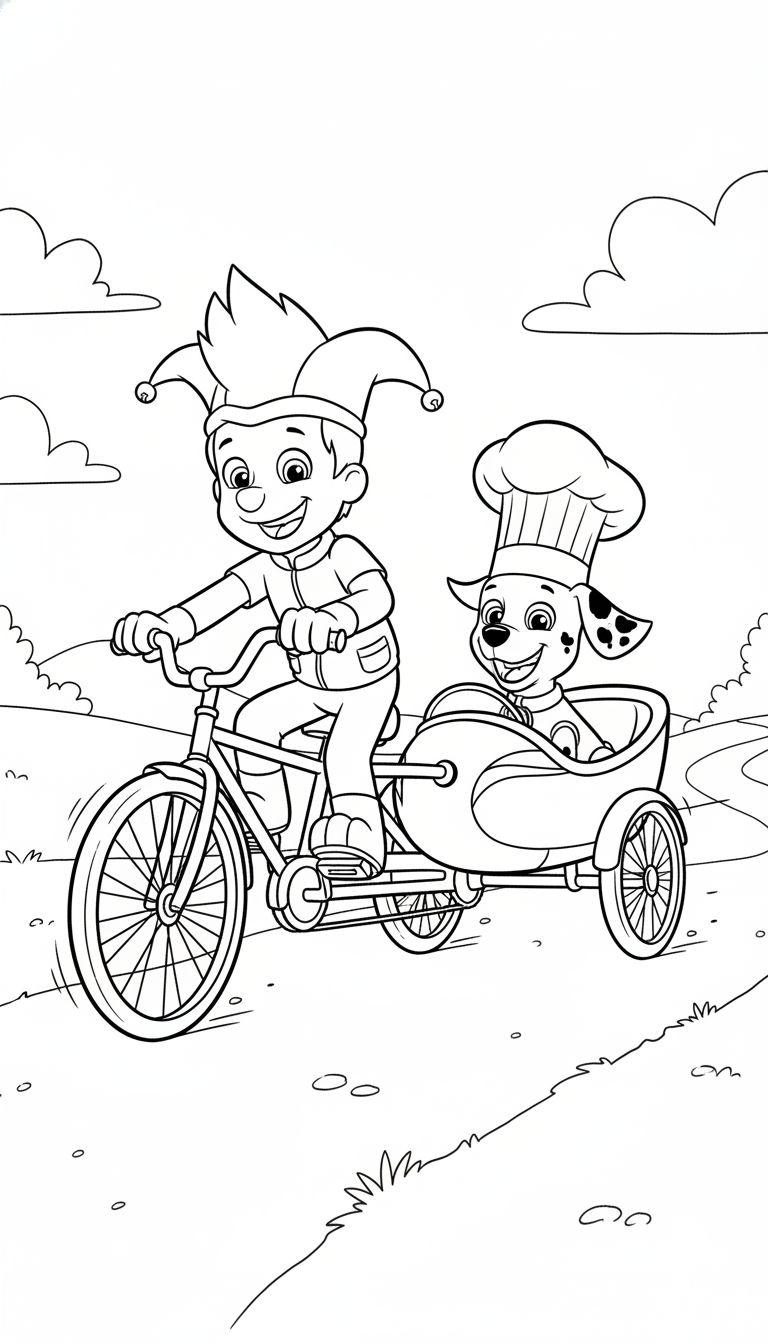 Ausmalbild: Ryder von Paw Patrol auf einem Fahrrad mit Marshall, dem Dalmatiner, im Seitenwagen, beide lächeln, auf einem kurvenreichen Weg.